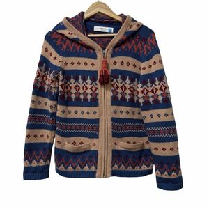 Anthropologie SPARROW Fair Isle Wool Blend Zip Cardigan Size L Hooded‎ Fringe